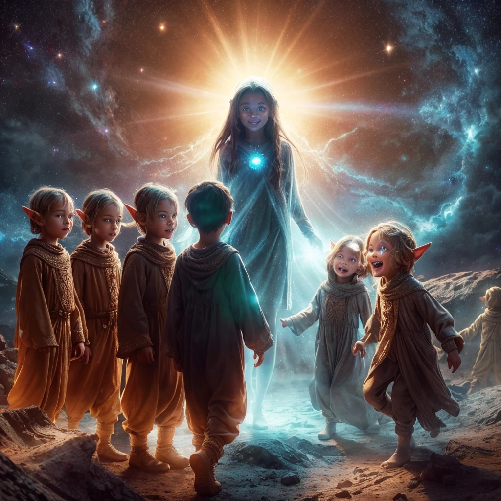 Complete and real image. On a planet in another galaxy there are 3 beautiful elves resembling children, dressed in very baggy clothes, they laugh mischievously and curiously, observing a dark-skinned woman who is standing fearfully in front of them and radiating white light. Photorealism, full view, very detailed image, very realistic, hyperrealism, Ultra HD, 8k, 5, sharp focus, intricate and mysterious masterpiece.(Long exposure photography Highly detailed close-up portrait art illustration: final quality, medium shot, backlit, rich and striking. Enigmatic and mysterious manipulations (rule of thirds composition), ((detailed environment with strong lines) The best quality, in camera, white light, warm and clean aesthetics, dazzling screen composed of millions of bright ultraviolet rays, HDR.