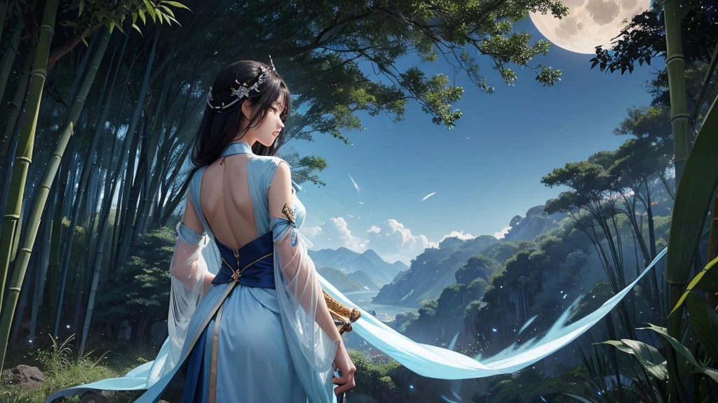 The back view of Lu Xueqi in a water blue dress standing in the bamboo forest,Backhanded long sword, An ethereal still painting, She gazed at the huge full moon,The shadows of the moon and the clouds intertwined, Anime screenshots, Screenshot from the Zhu Xian anime, Moon Goddess, Animation screenshots, Ethereal Anime, Animation screenshots, Cloud Goddess, Waist-length black hair sways in the wind,8k quality, Super sharp, Detailed pictures Most detailed、The clearest, detailed light background,Ultra-delicate face