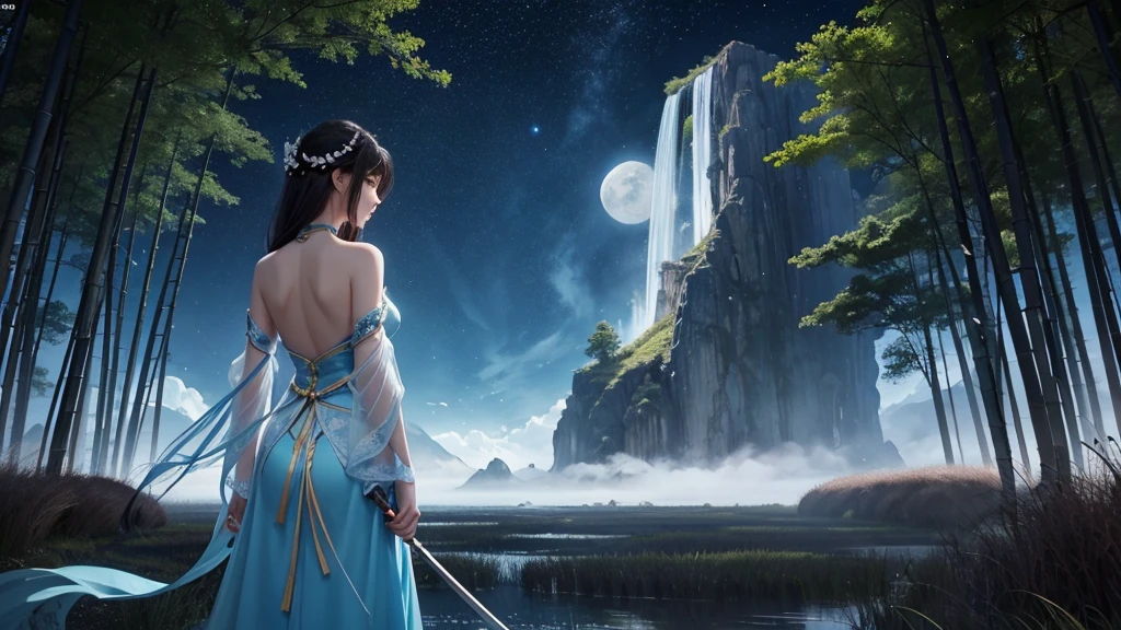 The back view of Lu Xueqi in a water blue dress standing in the bamboo forest,Backhanded long sword, An ethereal still painting, She gazed at the huge full moon,The shadows of the moon and the clouds intertwined, Anime screenshots, Screenshot from the Zhu Xian anime, Moon Goddess, Animation screenshots, Ethereal Anime, Animation screenshots, Cloud Goddess, Waist-length black hair sways in the wind,8k quality, Super sharp, Detailed pictures Most detailed、The clearest, detailed light background,Ultra-delicate face