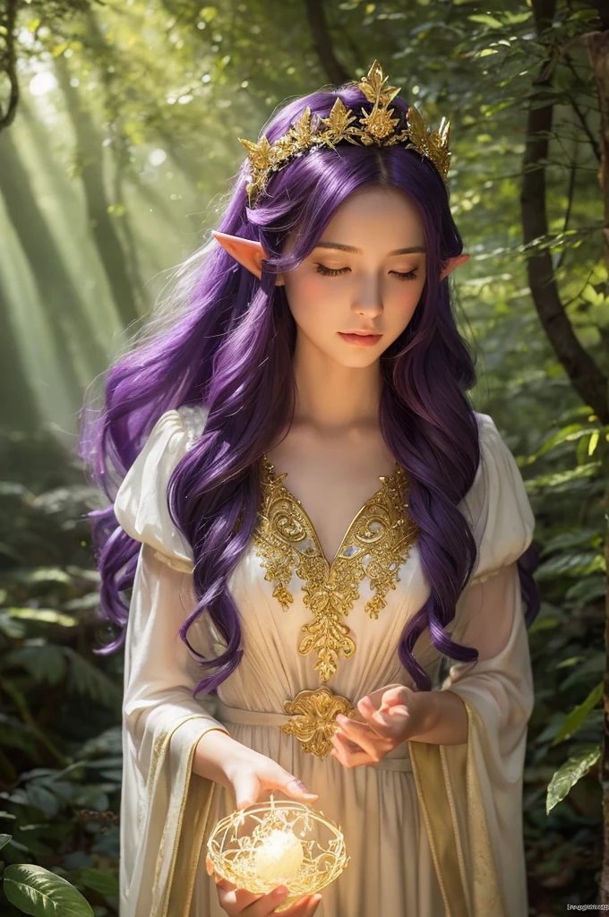 Create a fantasy illustration of an elf princess standing in a magical forest. She has long, flowing purple hair and pointed ears. She is wearing an elegant, white and gold dress with intricate details and a golden crown adorned with leaves. She holds a glowing orb with a mystical symbol in her hands. The forest background is lush and filled with soft, enchanting light filtering through the trees. The overall atmosphere should be mystical and serene, capturing the beauty and magic of the scene.
You can use this prompt with AI art generators like MidJourney, DALL-E, or Stable Diffusion to create a similar image.