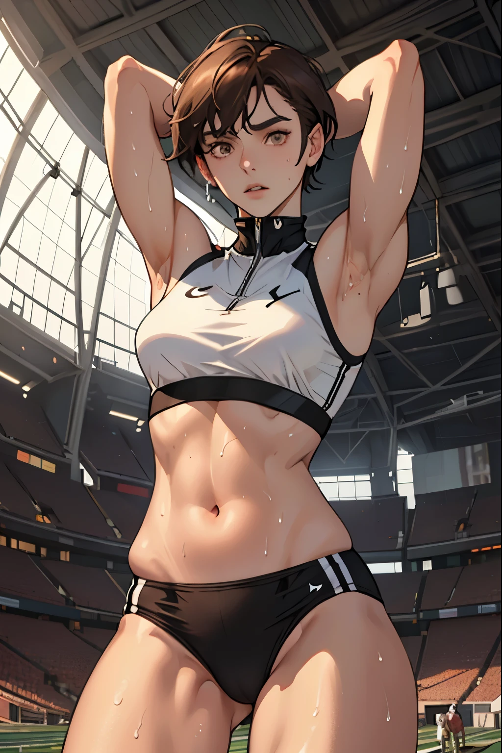 ((masterpiece)), ((Highest quality)),Ultra-high resolution, Caustics, detailed, Beautiful detailed Eyes, alone, (Athletics Stadium, Track and field athlete),Cowboy Shot,20 year old beauty、( another, High leg bloomers ,Show your belly),Slender body, Ideal body proportions,Sweat,Medium chest,Brown eyes, Medium Bob,Brown Hair,Painful expression、running,Flexible body,