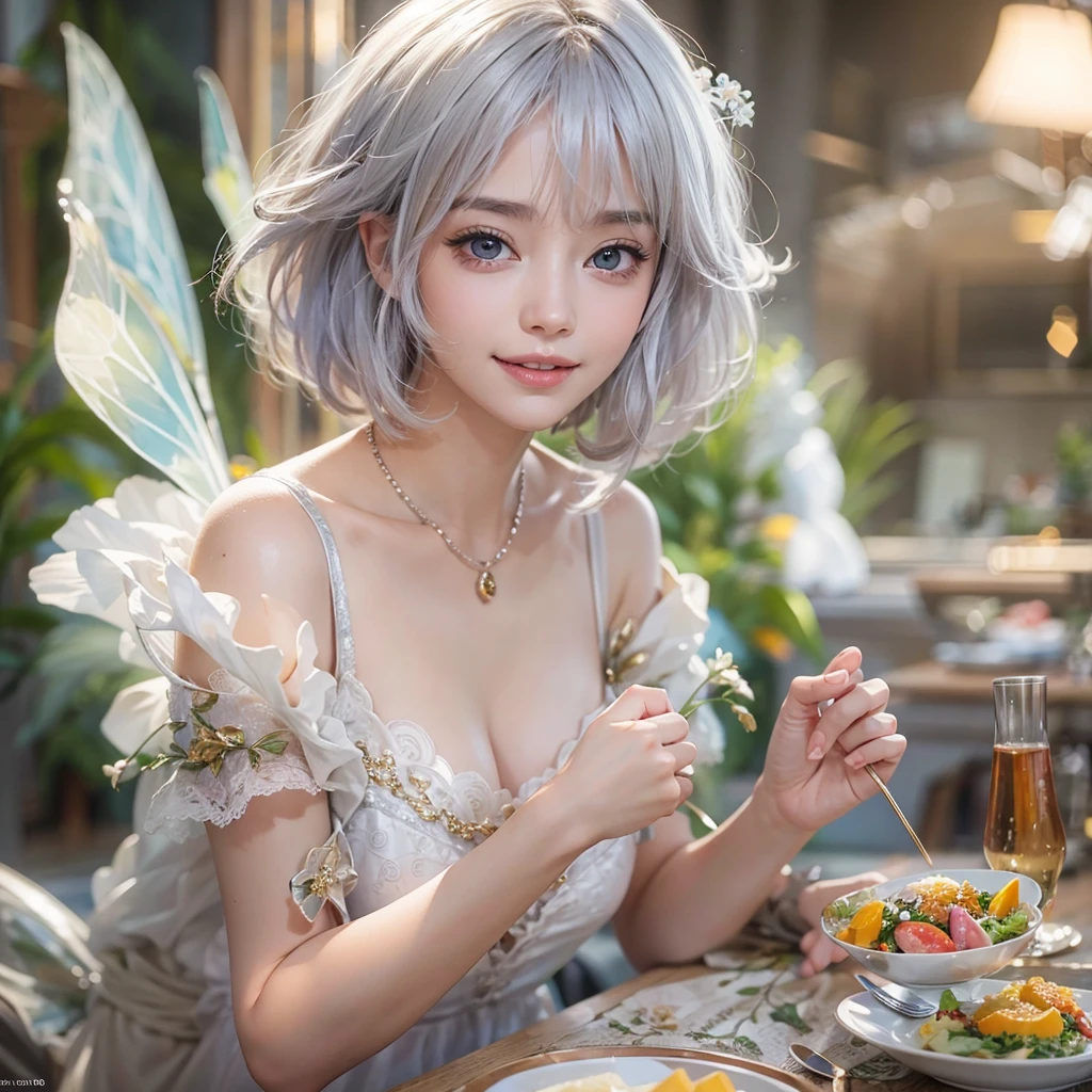 (masterpiece:1.3), (8K, Realistic, RAW Photos, Best image quality: 1.4), Fair-skinned fairy woman、short hair、Cleavage:2.0、Highly detailed face、Attention to detail、double eyelid、Sharp focus:1.2、Beautiful woman:1.4、Silvery white hair、Highest quality、masterpiece、Ultra-high resolution、(Realistic:1.4)、Highly detailed and professionally lit smiles、Loose, Light, One person、Full body, I eat a healthy breakfast