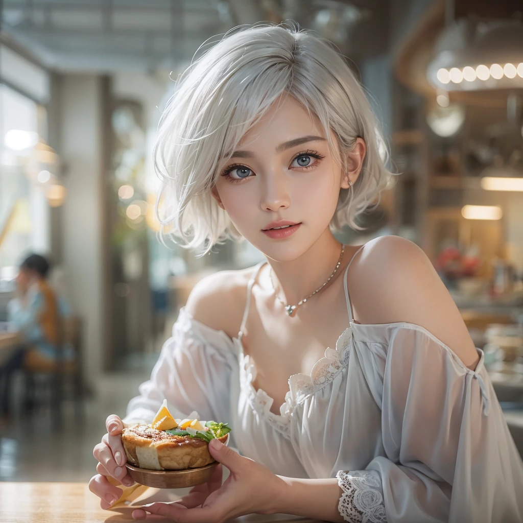 (masterpiece:1.3), (8K, Realistic, RAW Photos, Best image quality: 1.4), Fair-skinned fairy woman、short hair、Cleavage:2.0、Highly detailed face、Attention to detail、double eyelid、Sharp focus:1.2、Beautiful woman:1.4、Silvery white hair、Highest quality、masterpiece、Ultra-high resolution、(Realistic:1.4)、Highly detailed and professionally lit smiles、Loose, Light, One person、Full body, I eat a healthy breakfast
