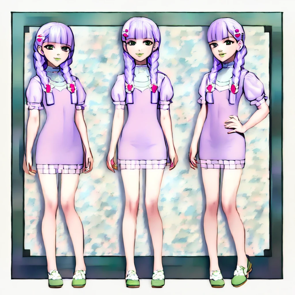 (Cute a girl:1.5), anime visual, (Black gothic ta outfit, black boots, from side:1.3 ),boots focus, fullbody shot, (Lovey-dovey:1.5), (tilt head:1.3), extremely delicate face, soft clean focus, realistic lighting and shading, (an extremely delicate and beautiful art:1.3), elegant, (worm tone:1.1),(one girl with closs hair pin,pale purple hair,wavy two braids,blunt bangs hair,green and black eyes.pink lips:1.4), small breast,slim,Slender,night lit, full body shot, a gentle smile, look at viewer,