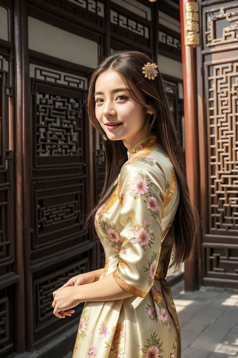 1 person, (Realist:1), Brown Hair, Long Hair, iris, Happy、(China dress:1.3)