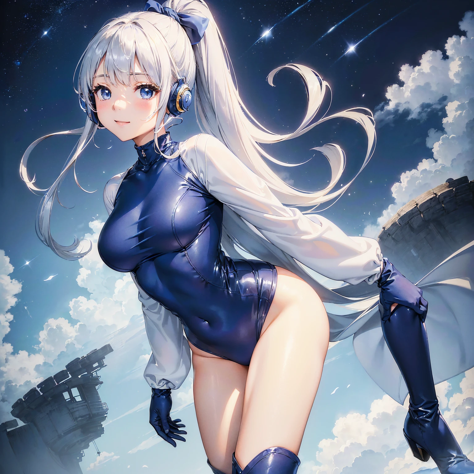 (masterpiece、Highest quality、Highest Resolution、Clear_image、Detailed details、The angle is from above): (A full-body view of a single girl with a Japanese face and small face、Navy blue high knot ponytail、Small breasts、Sparkling blue eyes、Pilot suit in white and navy blue colors、Tight fitting clothes、Clothing that covers the whole body、Tight Fit Pants、Clothes that hide the skin、Clothing that covers the thighs、Very delicate and beautiful、Slim body、Cute、A gentle smile、Soft expression、heroine、headset、Knee-high boots、Elbow-length gloves)、(White background:1.5)