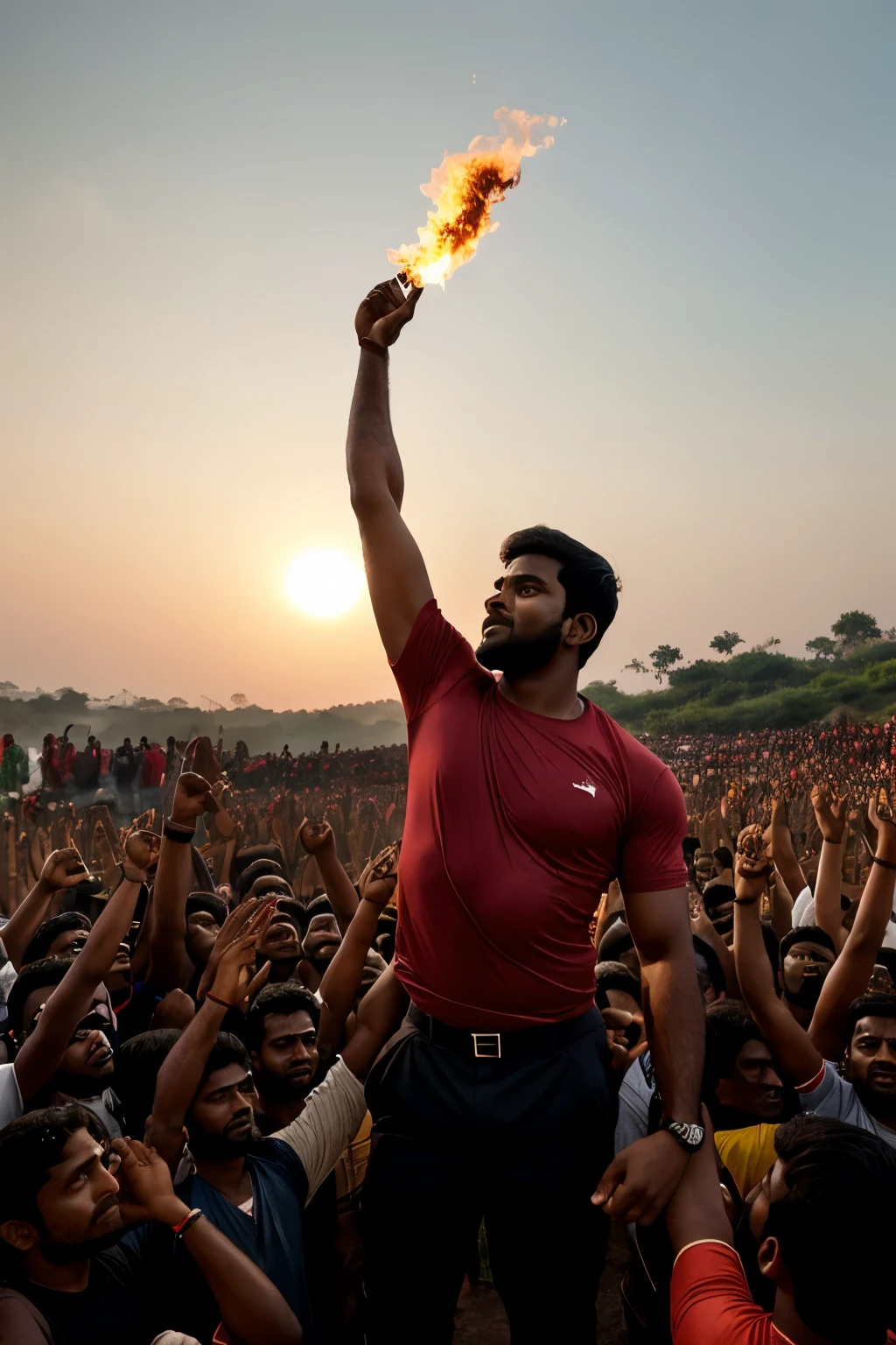 A fighter z carrying Bangladeshi flag and thousands of people are watching this with the flag of Bangladesh in Bangladesh