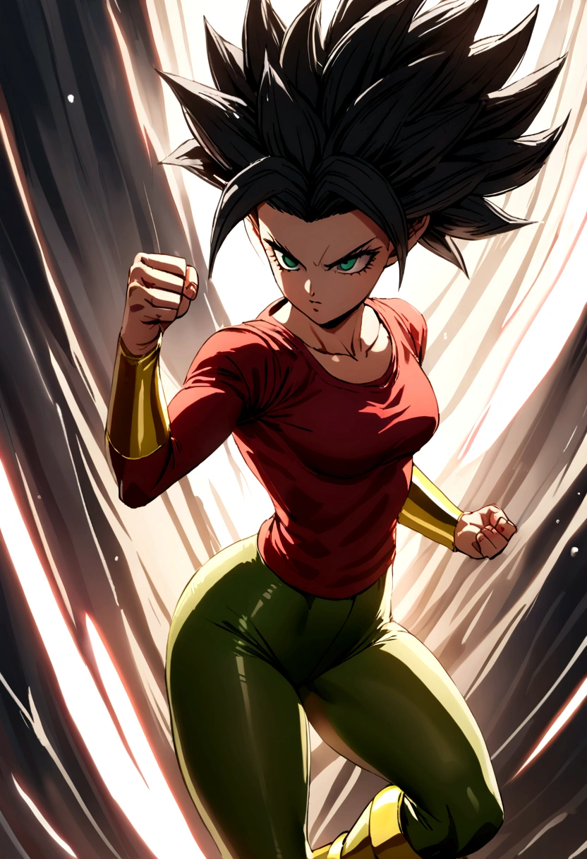 Kefla with black hair up, with red top and leggings, One punch man style