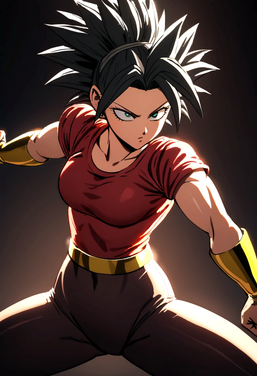 Kefla with black hair up, with red top and leggings, One punch man style