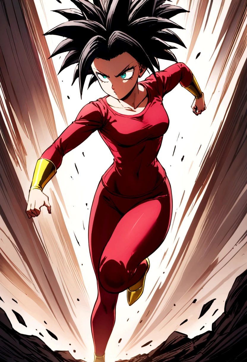 Kefla with black hair up, with red top and leggings, One punch man style