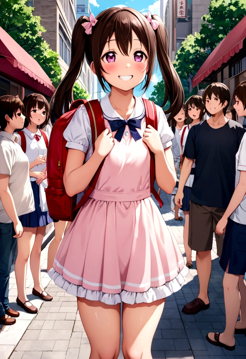 masterpiece, Highest quality, Nico_Yazawa,High resolution, 1 Girl, alone, Brown Hair, short hair, Twin tails、Purple eyes, Cowboy Shot, Frill dress, , Pink Dress, (Cleavage)、(Beautiful thighs)、city, Outdoor, garden, Carrying a red backpack, (randoseru backpack:1.2) Sweaty、Thick thighs、Highest quality、4K、1girl, 8years old, , cute, grin, 、Skirt lift striped underwear、In the city、Many passersby are surrounding the girl.、、Thick thighs、Mesgaquismileen holding their penises and surrounding girls、Semen from the penis、Bukkake、Bukkake、(Bukkake)