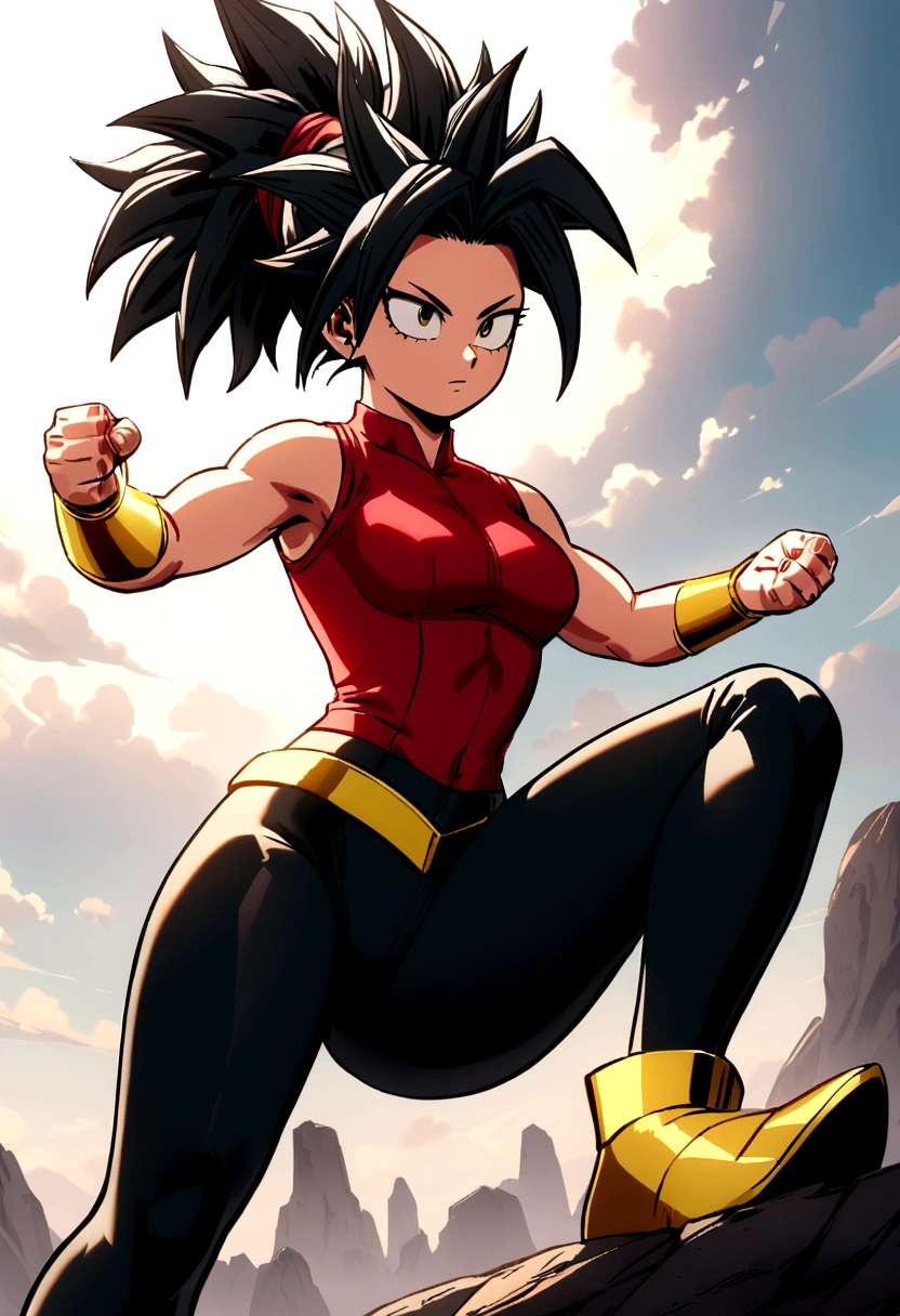 Kefla with black hair up in a ponytail, with red top and leggings, Boku no hero academia style