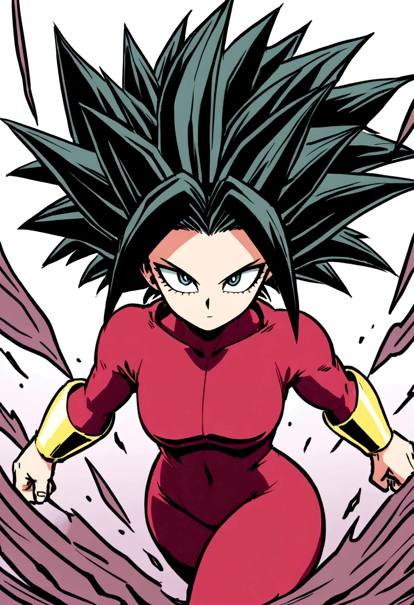 Kefla with black hair up in a ponytail, with red top and leggings, Boku no hero academia style