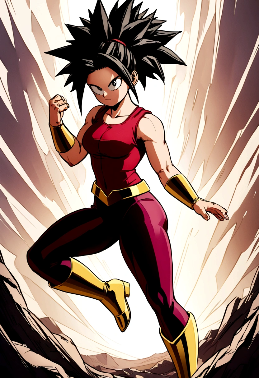 Kefla with black hair up in a ponytail, with red top and leggings, Boku no hero academia style