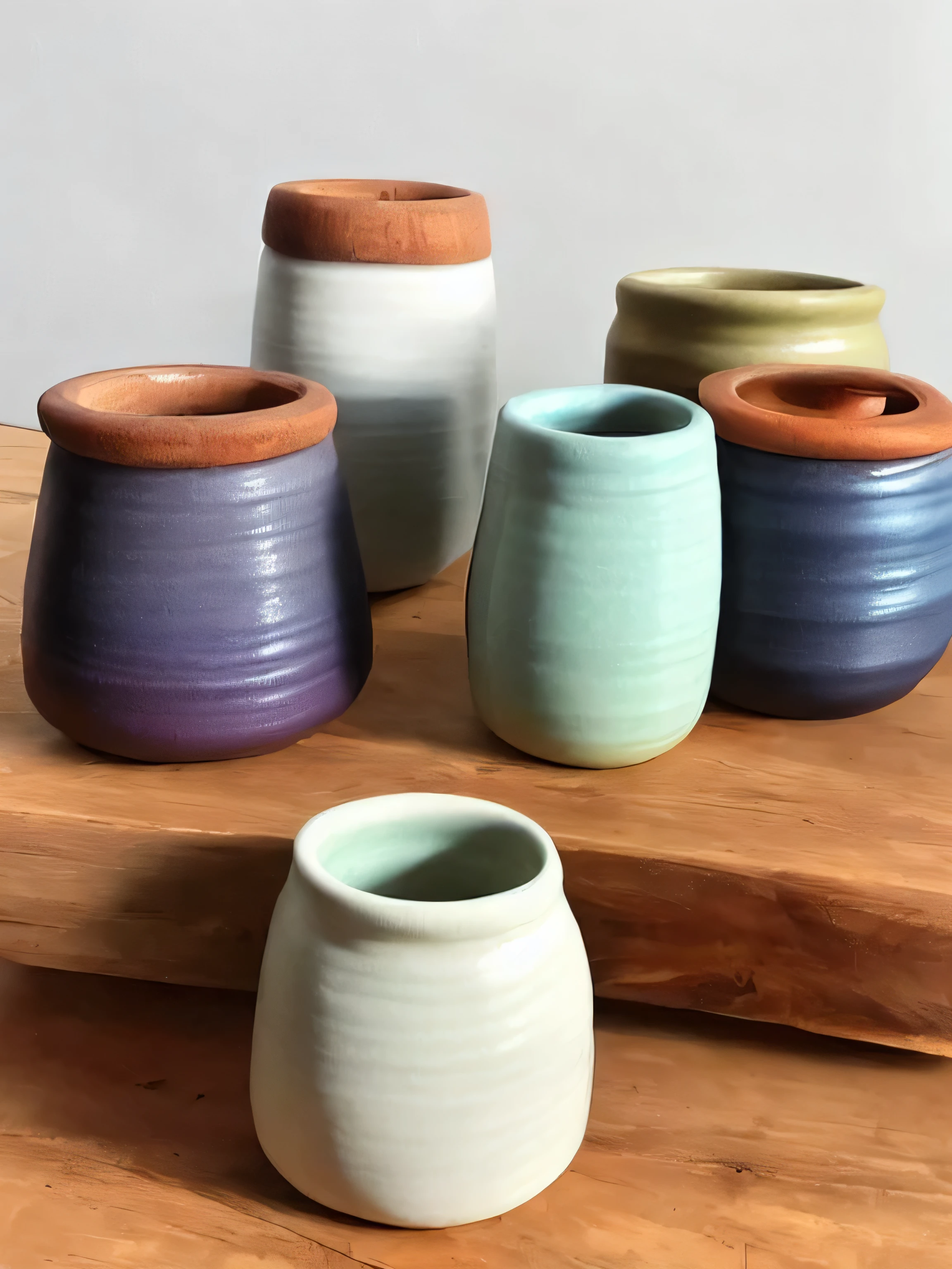 (Still),Colored glaze ceramics, containers,Vision,Lots of white space,(masterpiece), (best quality), Simple background, Rule of Thirds, (Still) Colored glaze ceramics, Backlight, real life, lifelike, actual, no humans, wood