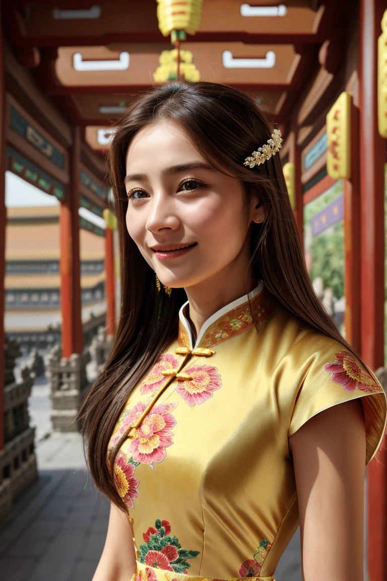 1 person, (Realist:1), Brown Hair, Long Hair, iris, Happy、(China dress:1.3)