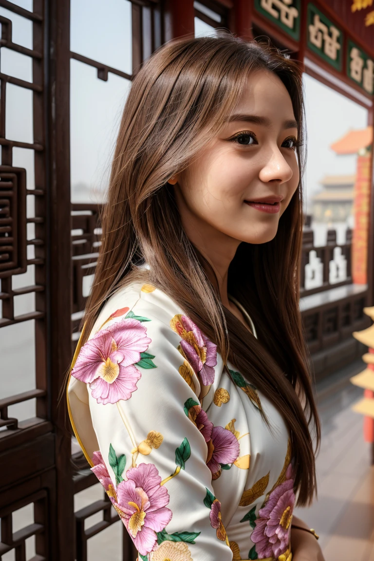 1 person, (Realist:1), Brown Hair, Long Hair, iris, Happy、(China dress:1.3)