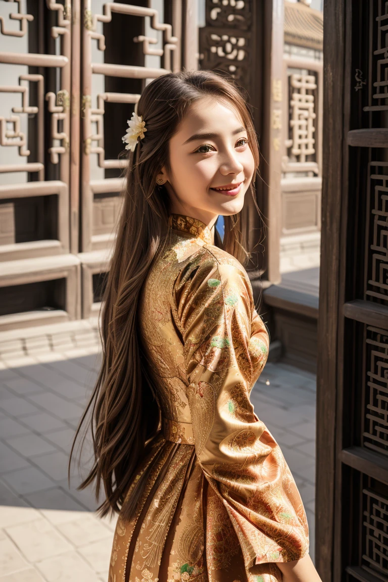 1 person, (Realist:1), Brown Hair, Long Hair, iris, Happy、(China dress:1.3)