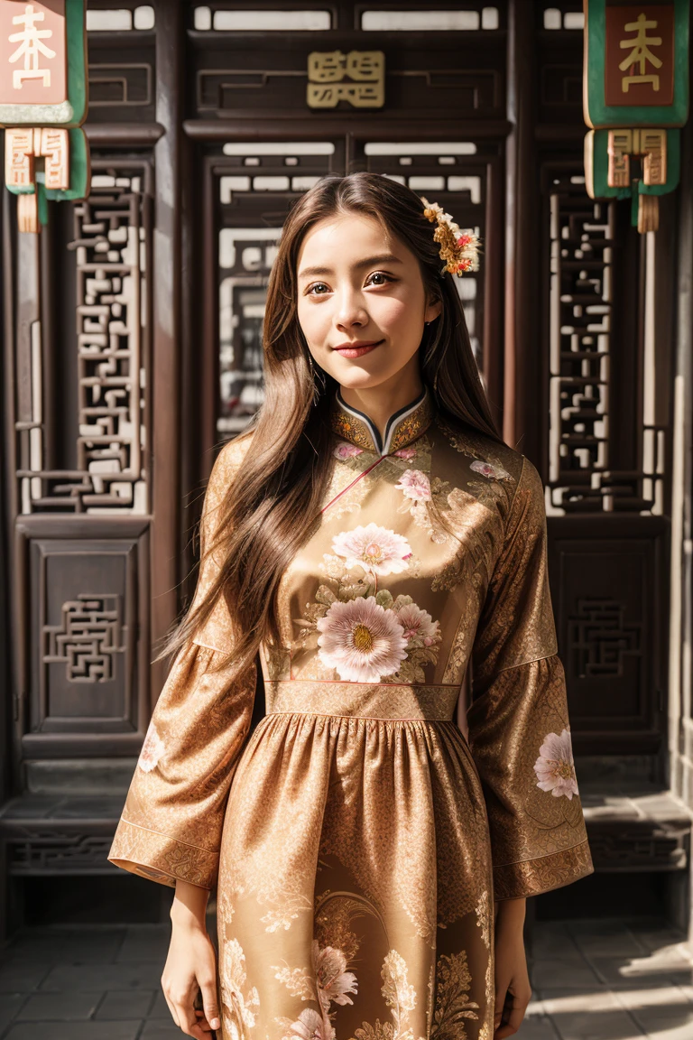 1 person, (Realist:1), Brown Hair, Long Hair, iris, Happy、(China dress:1.3)