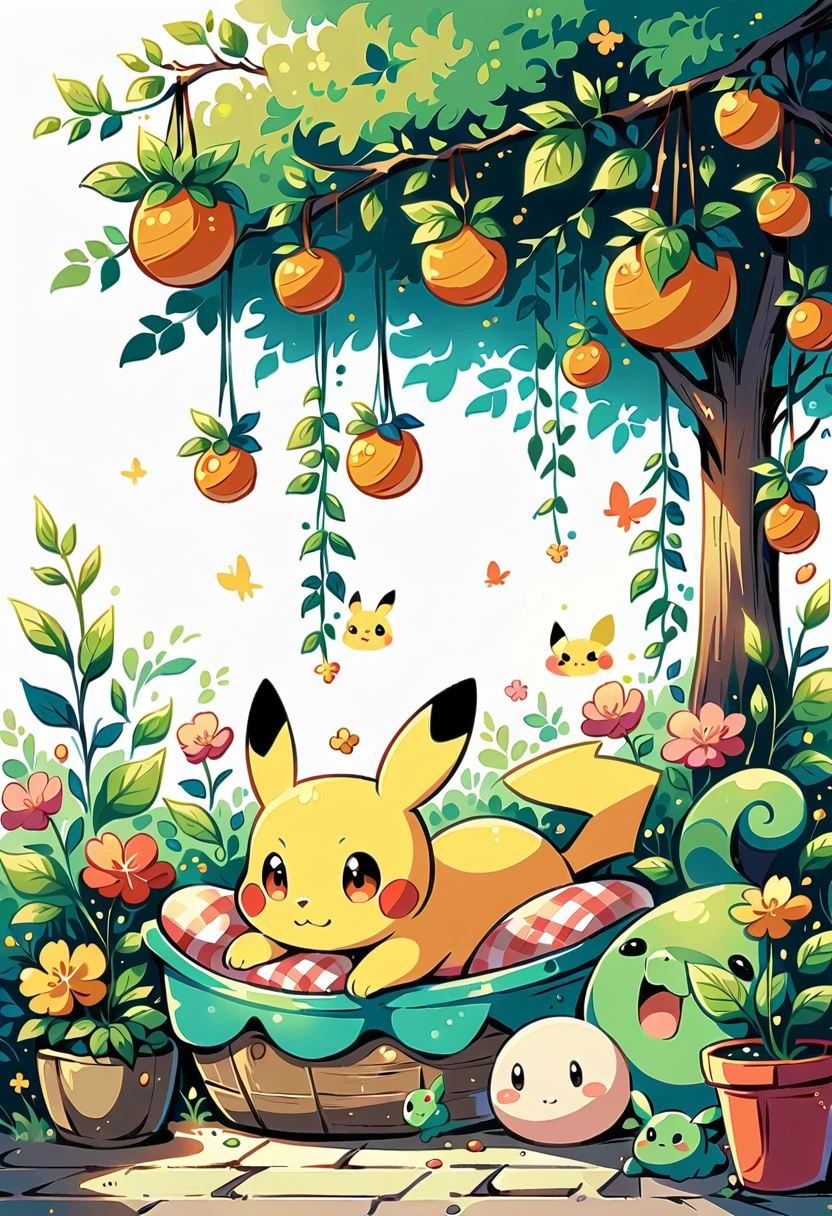 cozy scene featuring hanging planters with adorable Pokémon, adding elements of Pikachu. The planters should be filled with lush greenery and colorful flowers. Include Pikachu comfortably resting in one of the planters, alongside other Pokémon like Celebi and Snivy. Use soft pastel colors and whimsical details to enhance the charm. The background should have subtle stripes with shades of green and peach, maintaining a warm and inviting atmosphere