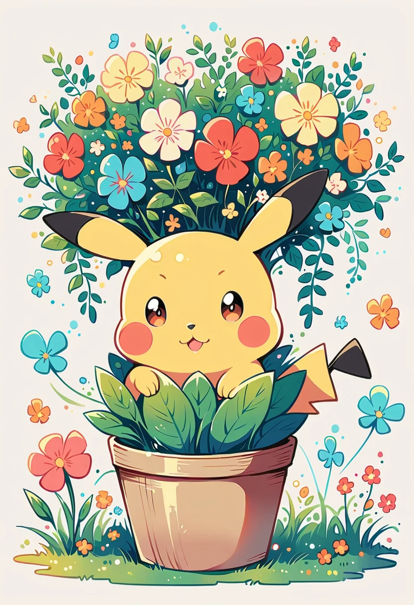 cozy scene featuring hanging planters with adorable Pokémon, adding elements of Pikachu. The planters should be filled with lush greenery and colorful flowers. Include Pikachu comfortably resting in one of the planters, alongside other Pokémon like Celebi and Snivy. Use soft pastel colors and whimsical details to enhance the charm. The background should have subtle stripes with shades of green and peach, maintaining a warm and inviting atmosphere