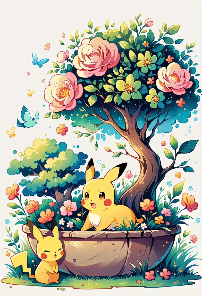 cozy scene featuring hanging planters with adorable Pokémon, adding elements of Pikachu. The planters should be filled with lush greenery and colorful flowers. Include Pikachu comfortably resting in one of the planters, alongside other Pokémon like Celebi and Snivy. Use soft pastel colors and whimsical details to enhance the charm. The background should have subtle stripes with shades of green and peach, maintaining a warm and inviting atmosphere