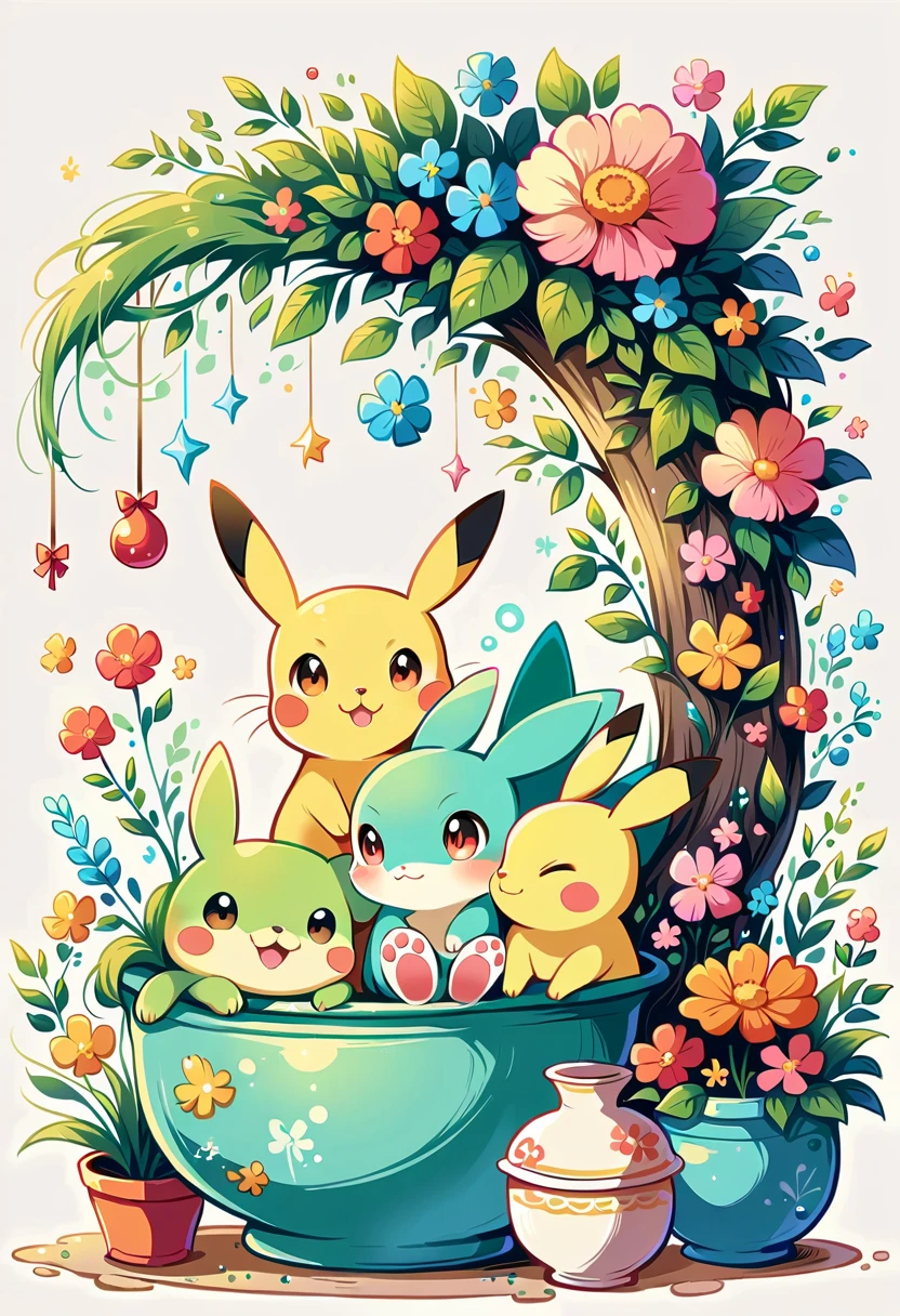 cozy scene featuring hanging planters with adorable Pokémon, adding elements of Pikachu. The planters should be filled with lush greenery and colorful flowers. Include Pikachu comfortably resting in one of the planters, alongside other Pokémon like Celebi and Snivy. Use soft pastel colors and whimsical details to enhance the charm. The background should have subtle stripes with shades of green and peach, maintaining a warm and inviting atmosphere