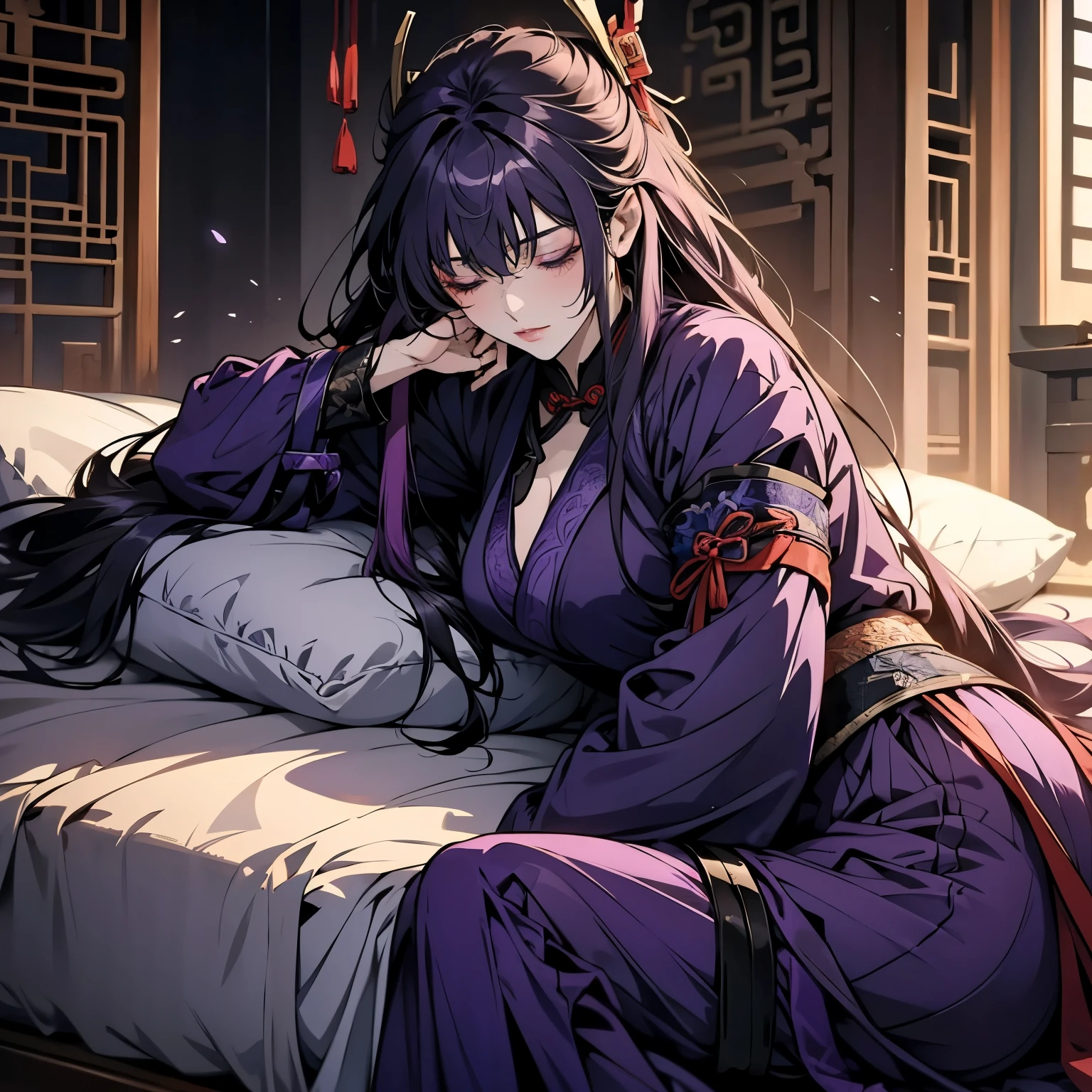 1 women, Raiden Shogun - genshin impact, long purple hair, violet eyes, violet chinese clothes, ultra long skirt, lying on the bed in chinese room