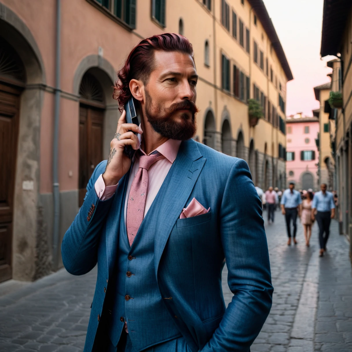 photorealistic, cinematic, raw photo, low angle shot, man, 39 years old, dark red hair, slick back hairstyle, long beard with a lush curled mustache , tattoos everywhere, wearing petrol blue linen three-piece suit, pastel pink linen shirt, dark brown knitted tie, walks the streets of Florence , talking on the phone , summer, sunrise, happy, smiling