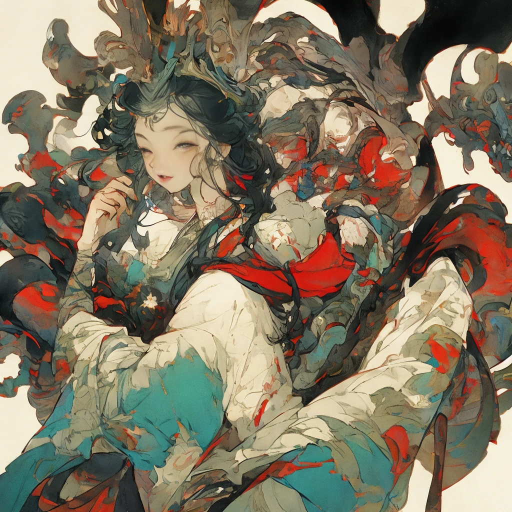An ancient Chinese beauty sitting on a stone, wearing ancient Chinese clothing, flowing tulle, light silk, lazy posture, large lotus leaf, lotus, ink painting style, clean color, decisive cutting, blank, freehand, masterpiece, super detailed, epic composition, high quality, the highest quality, 4k --v 6
