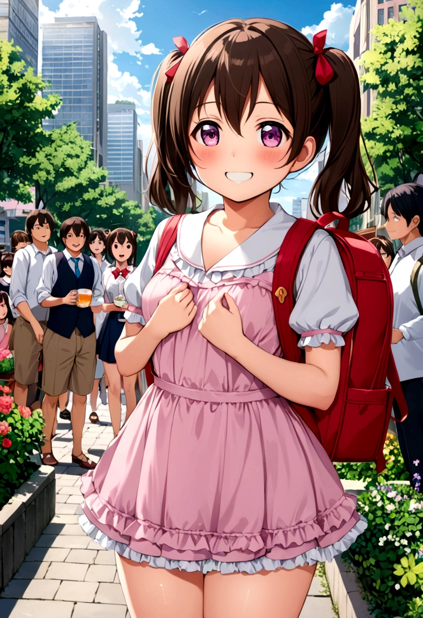masterpiece, Highest quality, Nico_Yazawa,High resolution, 1 Girl, alone, Brown Hair, short hair, Twin tails、Purple eyes, Cowboy Shot, Frill dress, , Pink Dress, (Cleavage)、(Beautiful thighs)、city, Outdoor, garden, Carrying a red backpack, (randoseru backpack:1.2) Sweaty、Thick thighs、Highest quality、4K、1girl, 8years old, loli, cute, grin, 、Skirt lift striped underwear、In the city、Many passersby are surrounding the girl.、、Thick thighs、Mesgaquismiles、Men holding their penises and surrounding girls、Semen from the penis、Bukkake、Bukkake、（Bukkake）