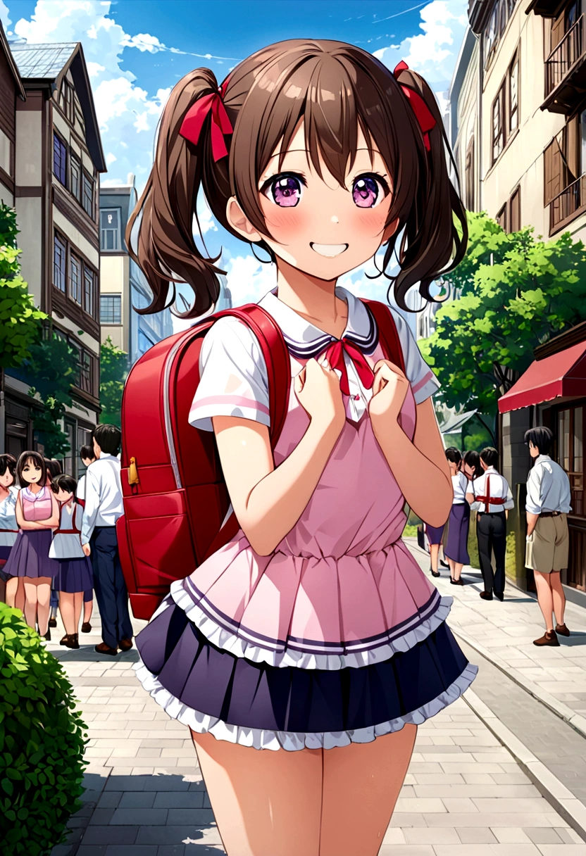 masterpiece, Highest quality, Nico_Yazawa,High resolution, 1 Girl, alone, Brown Hair, short hair, Twin tails、Purple eyes, Cowboy Shot, Frill dress, , Pink Dress, (Cleavage)、(Beautiful thighs)、city, Outdoor, garden, Carrying a red backpack, (randoseru backpack:1.2) Sweaty、Thick thighs、Highest quality、4K、1girl, 8years old, ****, cute, grin, 、Skirt lift striped underwear、In the city、Many passersby are surrounding the girl.、、Thick thighs、Mesgaquismiles、Men holding their penises and surrounding girls、Semen from the penis、Bukkake、Bukkake、（Bukkake）