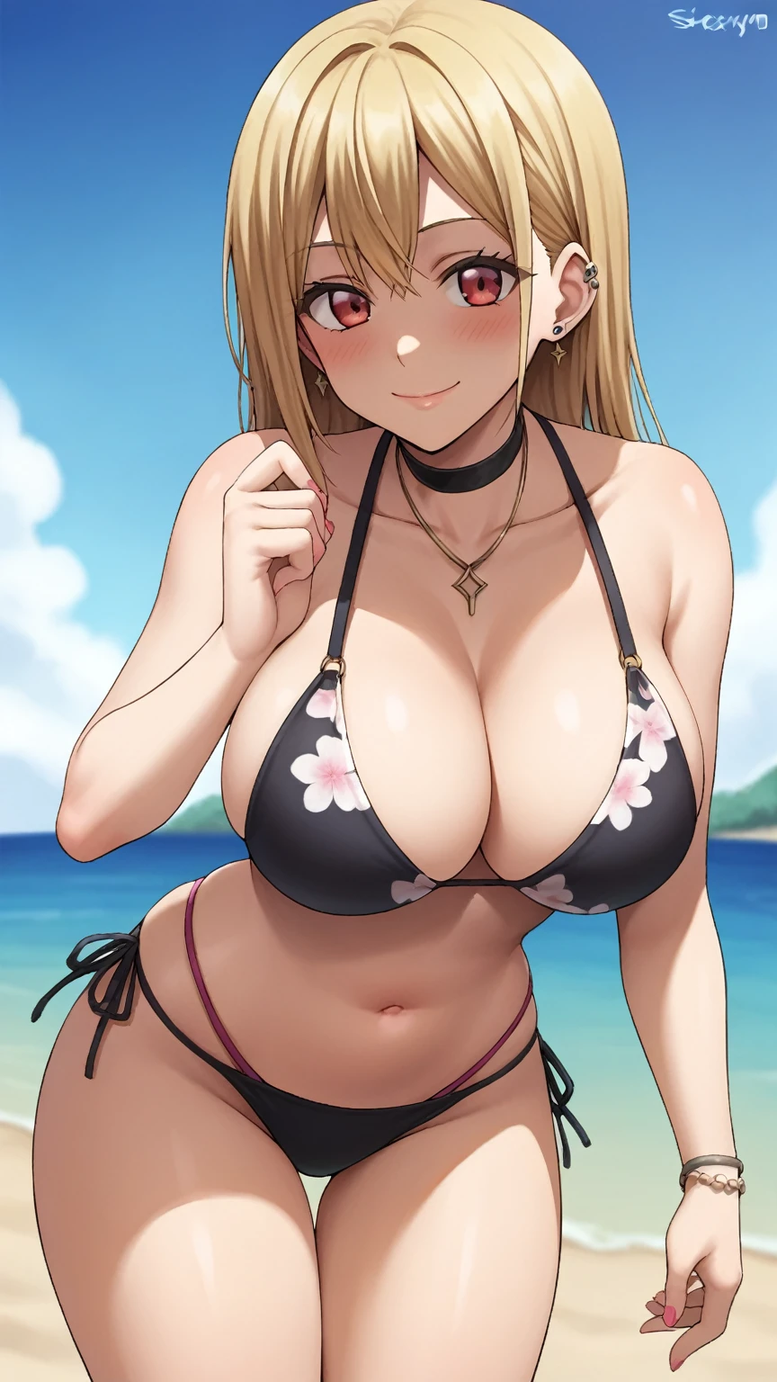 1girl, kitagawa_marin, breasts, swimsuit, bikini, floral_print, solo, blonde_hair, black_bikini, piercing, jewelry, long_hair, outdoors, smile, print_bikini, choker, black_choker, ear_piercing, looking_at_viewer, navel, cleavage, beach, leaning_forward, necklace, multi-strapped_bikini, side-tie_bikini_bottom, palm_tree, earrings, bangs, tree, large_breasts, day, multicolored_hair, red_eyes, string_bikini, closed_mouth, collarbone, thighs, cowboy_shot, thigh_gap, gradient_hair, industrial_piercing, pink_nails, sky, ocean, blush, bare_shoulders, colored_tips