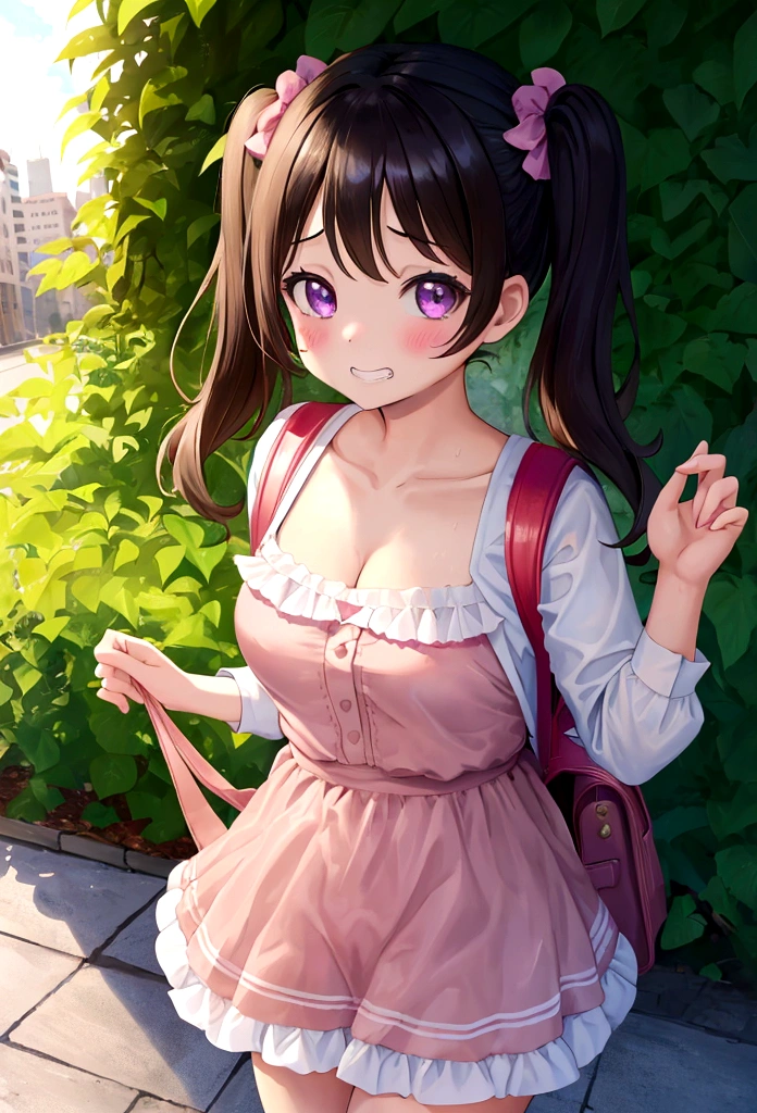 masterpiece, Highest quality, Nico_Yazawa,High resolution, 1 Girl, alone, Brown Hair, short hair, Twin tails、Purple eyes, Cowboy Shot, Frill dress, , Pink Dress, (Cleavage)、(Beautiful thighs)、city, Outdoor, garden, Carrying a red backpack, (randoseru backpack:1.2) Sweaty、Thick thighs、Highest quality、4K、1girl, 8years old, ****, cute, grin, 、Skirt lift striped underwear、In the city、Many passersby are surrounding the girl.、、Thick thighs、Ahegao、Men holding their penises and surrounding girls、Semen from the penis、Bukkake、Bukkake、（Bukkake）