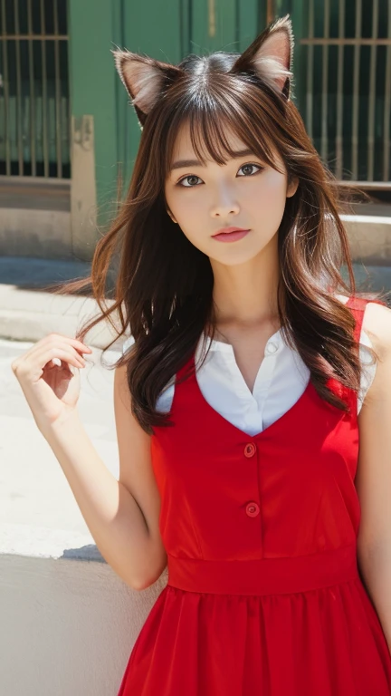 Cat girl、Red sleeveless dress、White shirt、dash
