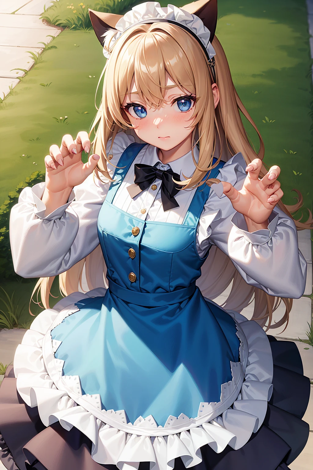 masterpiece, best quality,1girl, solo,whtie hair,medium hair,blue eyes,long sleeves,juliet sleeves,apron,maid,maid headdress,puffy sleeves,green dress,vest,buttons, white thighhighs,standing, looking at viewer, nose blush, (cat ear, claw pose:1.2),