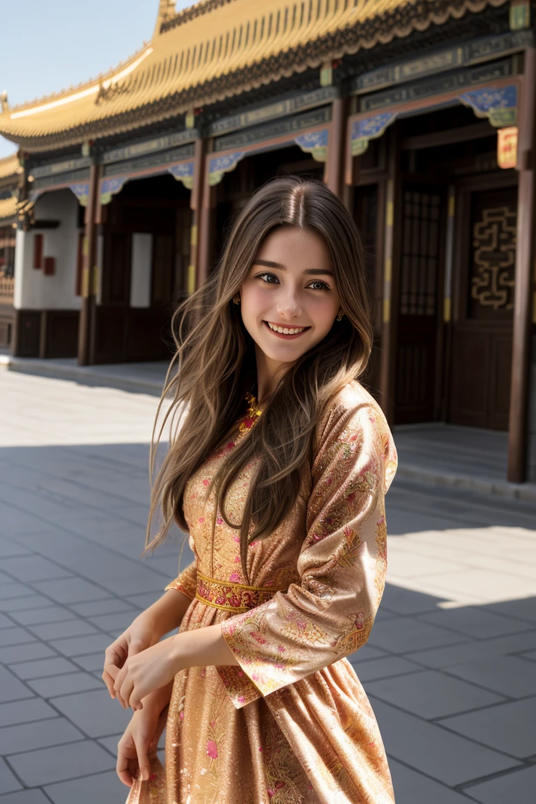 1 person, (Realist:1), Brown Hair, Long Hair, iris, Happy、Beauty of Spain、(China dress:1.3)