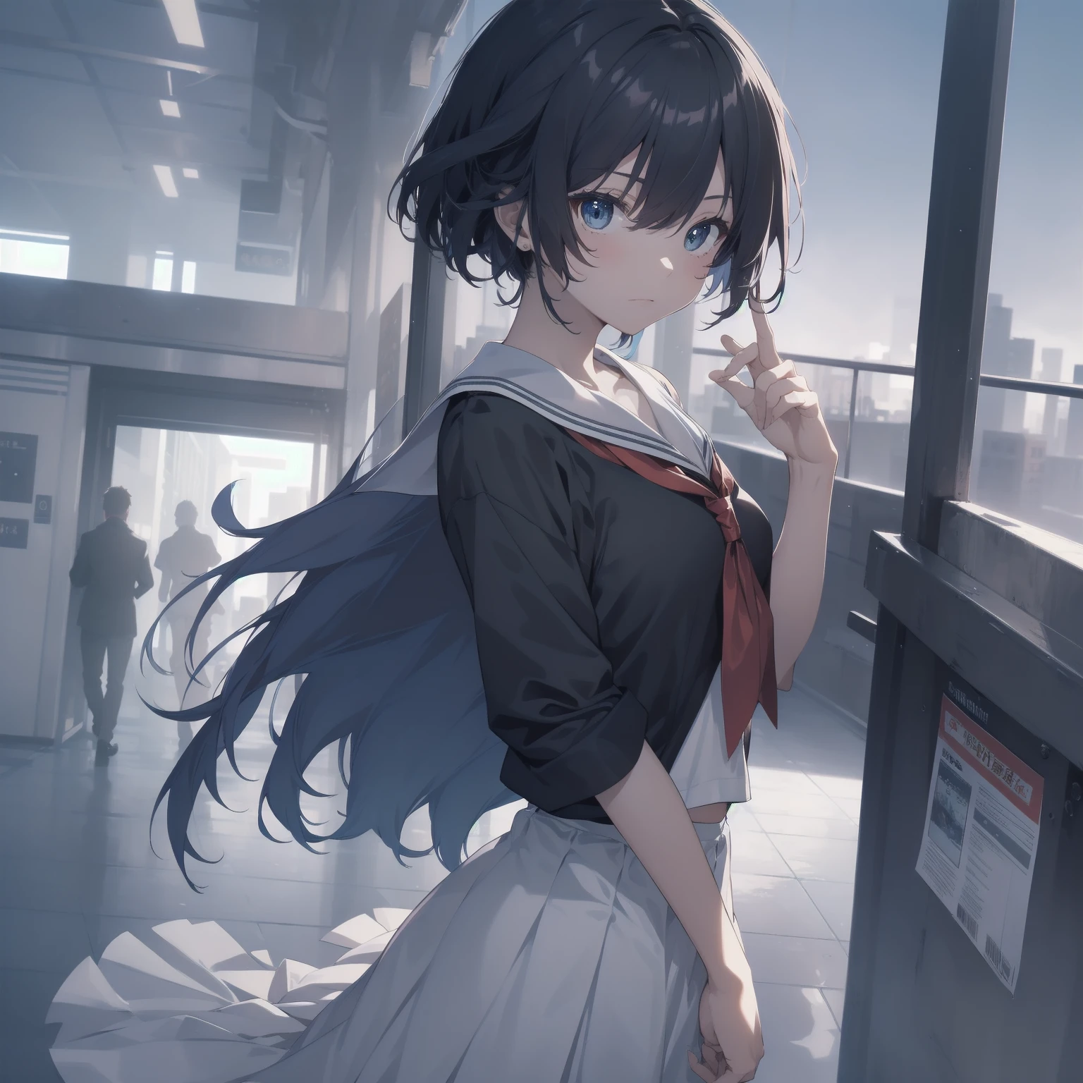 ultra-absurdres-Top quality by artist God, ultra-detailed, high resolution, anime moe artstyle, best anime 8k konachan wallpaper, pixiv contest winner, pool:2810, perfect anatomy,break, 1girl, (Please draw a girl walking sleepily to school alone. )break,(Solo,little female, 13-year-old:1.3),Full limbs, complete fingers,a junior high school student, (very short hair), short cut, flat chest, , small butt, small black eyes, beautiful detailed eyes, well-proportioned iris and pupils, expressive eyes, highres detailed hair, soft expression, salor school_uniform, sailor collar, serahuku, bow, pleated skirt,(Detailed Lighting), (Detailed background), in the School commute route. break,super detailed skin, Best cinematic lighting powered by famous artist, 8k,beauty illustration,photoshop_(medium),very aesthetic,break,((artist:takafumi )), artist:clamp ,artist:carnelian ,artist:kantoku ,
