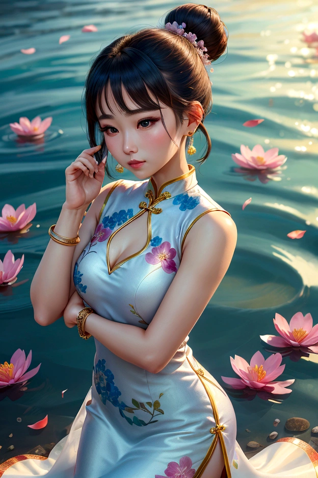 best quality, ultra-detailed, extremely delicate and beautiful, 1woman, cheongsam, single hair bun, hand on own head, bracelet, jewelry, scattered petals, reflective sea surface, 