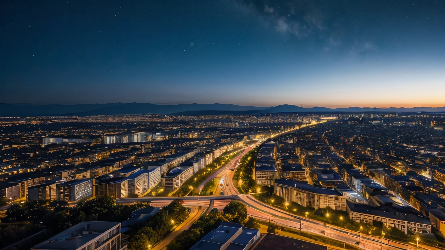 (Beautiful views), Starry Sky, (Distant Horizon), Distant night city, ((high quality, High detail, Wide-angle lens, Panorama))