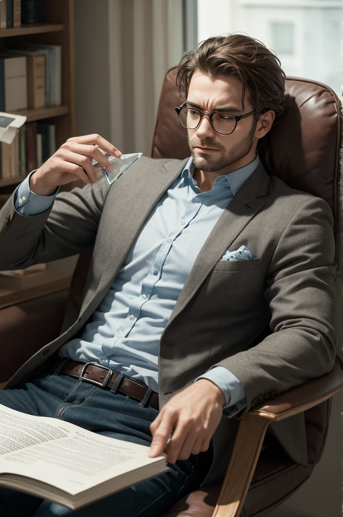 Man reading a book sitting in a chair with glass breaking around him