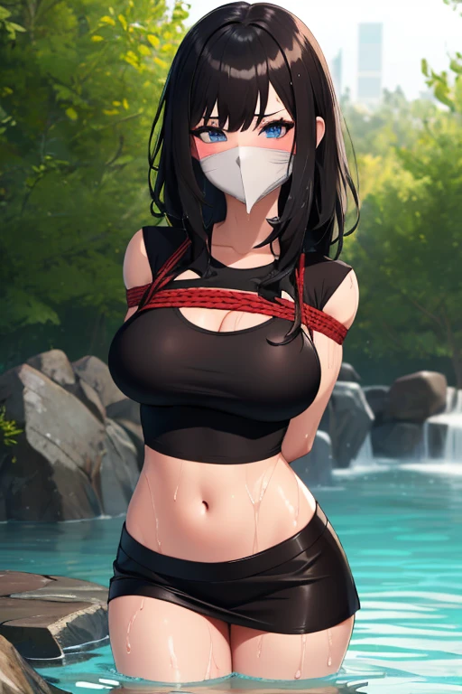 1 girl, detailed blue eyes, lange wimpern, detailed beautiful face, (Long black hair:1.4), (arms behind back:1.6), e Arme, Red rope, blushing, (Big boobs:1.2hite crop top, black skirt:1.5), OTN, Gag, gagged, shibari, liege aufnahmen, standing in deap water, completely wet