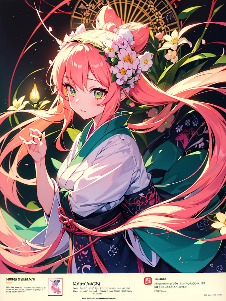 a little kitsune girl, long pink hair, green eyes, long kitsune ears, pink tails, Wearing a Japanese kimono with a flower design, beautiful detailed eyes, extremely detailed eyes and face, longeyelashes, 8k, highres, masterpiece, ultra-detailed, vivid colors, studio lighting, concept art