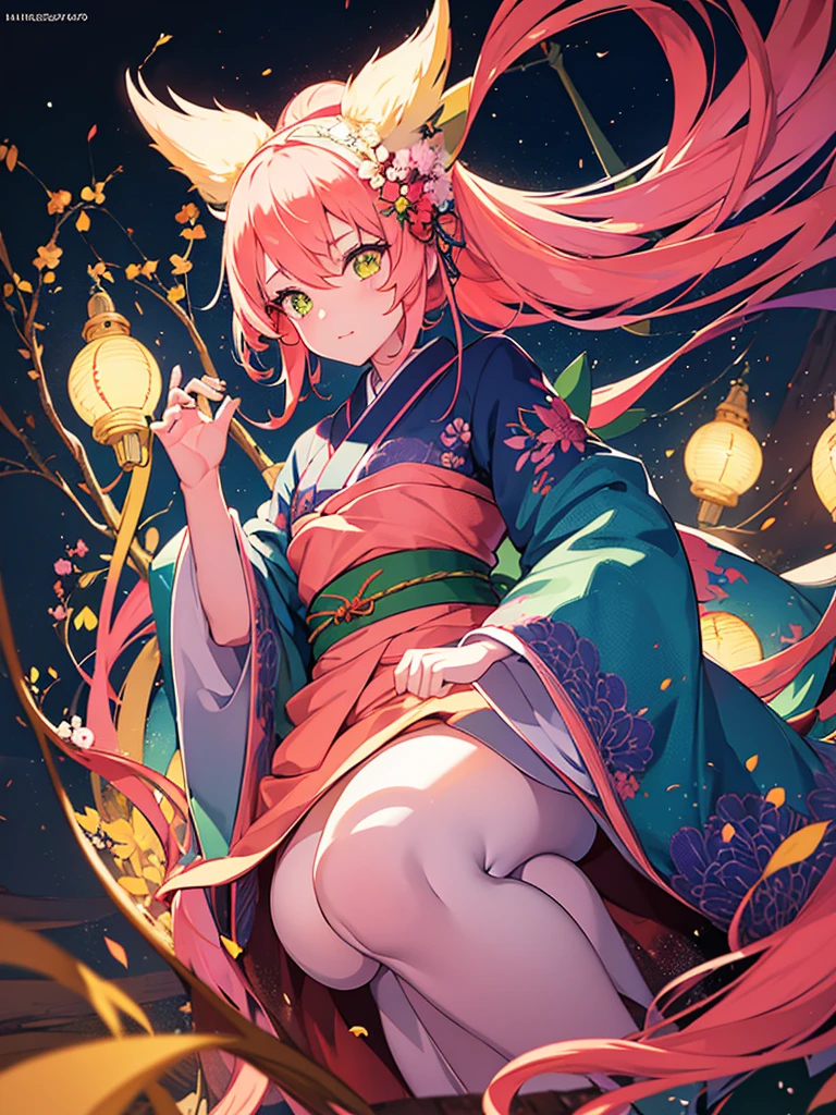 a little kitsune girl, long pink hair, green eyes, long kitsune ears, pink tails, Wearing a Japanese kimono with a flower design, beautiful detailed eyes, extremely detailed eyes and face, longeyelashes, 8k, highres, masterpiece, ultra-detailed, vivid colors, studio lighting, concept art