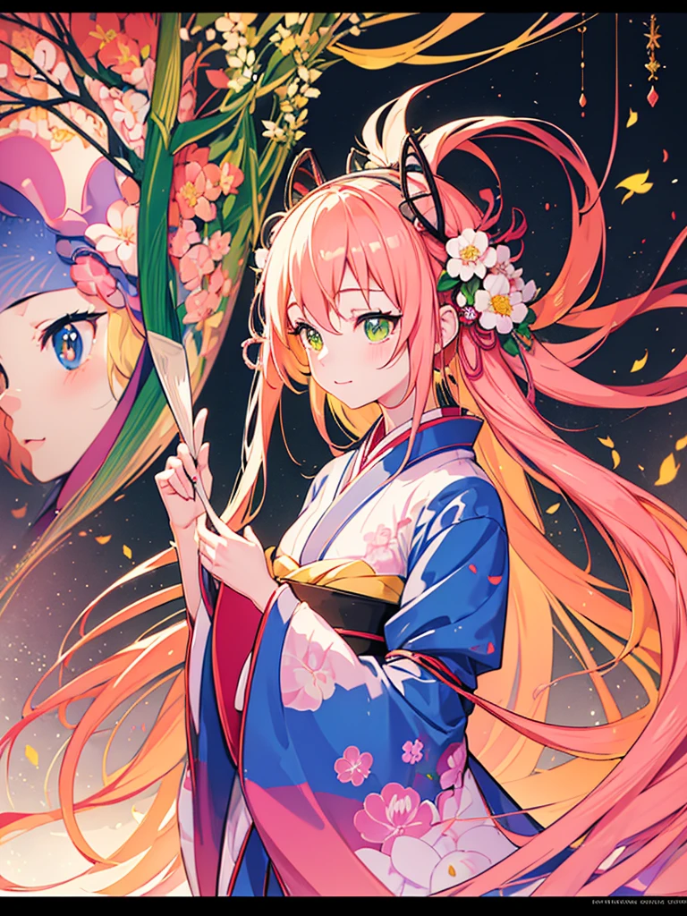 a little kitsune girl, long pink hair, green eyes, long kitsune ears, pink tails, Wearing a Japanese kimono with a flower design, beautiful detailed eyes, extremely detailed eyes and face, longeyelashes, 8k, highres, masterpiece, ultra-detailed, vivid colors, studio lighting, concept art