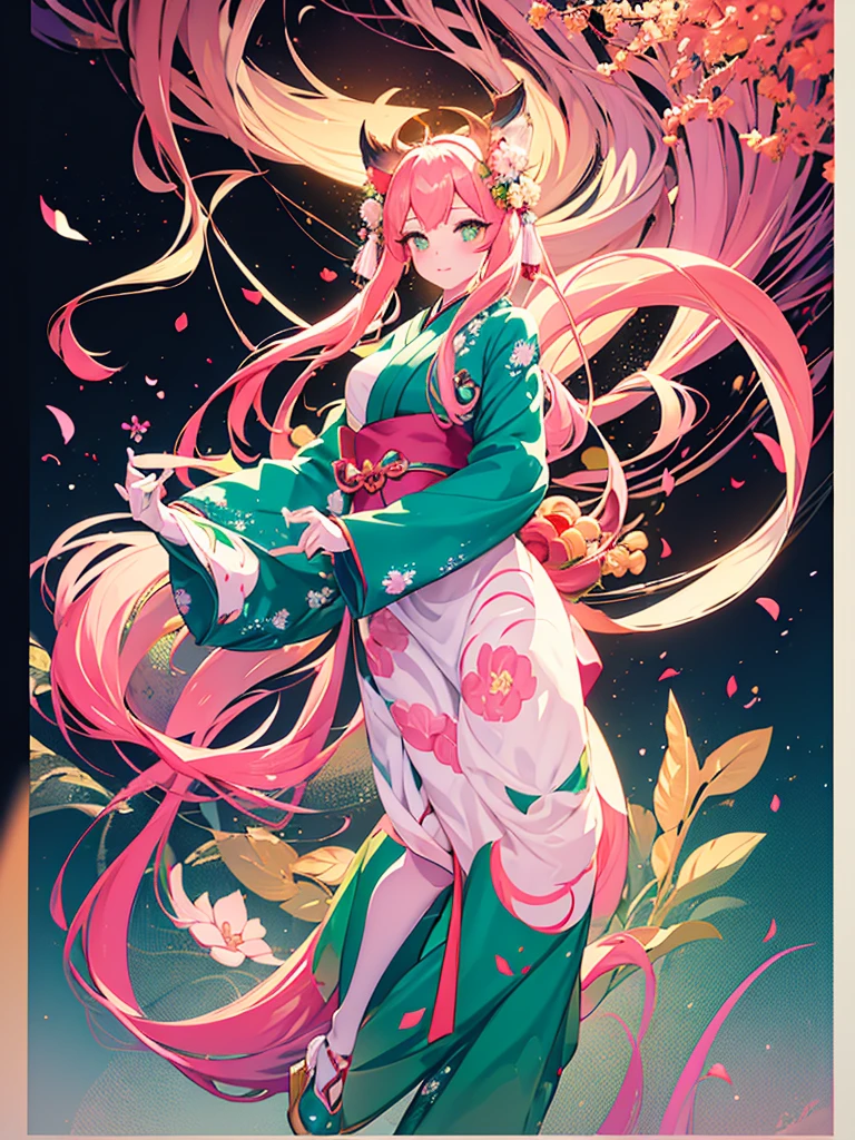 a little kitsune girl, long pink hair, green eyes, long kitsune ears, pink tails, Wearing a Japanese kimono with a flower design, beautiful detailed eyes, extremely detailed eyes and face, longeyelashes, 8k, highres, masterpiece, ultra-detailed, vivid colors, studio lighting, concept art