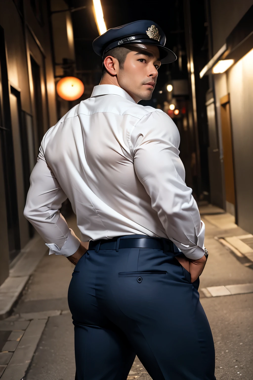 40-year-old boy Japanese muscular male in white long sleeve formal shirt......... wearing police cap, wearing navy blue slack formal pants...........gooning seductive expression.................... dripping on body and pants...................., arching back............... looking back to the camera. [[ big unrealistic butt,]] hairy legs.................. muscular thigh......................close up on butt........low angle camera.......... muscular thigh........... night dark alley