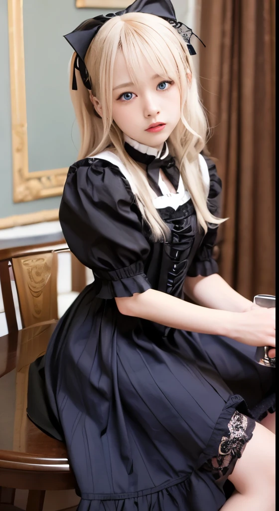 (Tabletop, Highest quality:1.2), 8K, 85mm, Official Art, RAW Photos, Absurd, Platinum Blonde Hair, (blue eyes, Lolita Fashion, Sweet Lolita, Gothic, dress:1.2), Idol&#39;s face, Upper Body, beautiful girl, Gardeniass, Copenhagen, Short sleeve, grace, Sophisticated, Gardenia, View your viewers, Film Grain, chromatic aberration, Sharp focus, Face Light, Dynamic Lighting, Cinema Lighting, Detailed face, Bokeh Background