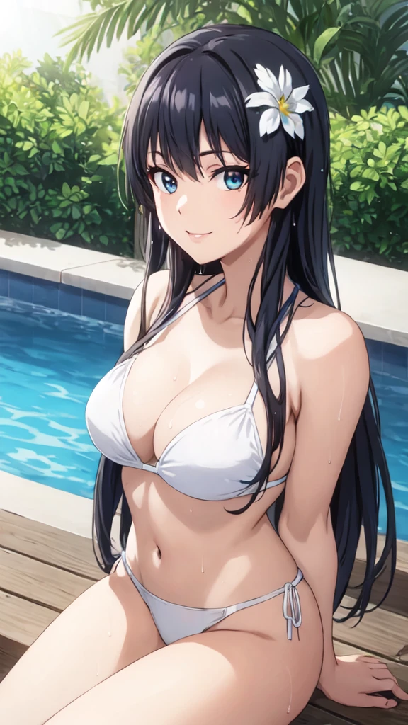 (Perfect hands, Perfect Anatomy:1.4),(anime:1.4),正面figure, Satin Ruiko, alone,(White Bikini Swimsuit:1.5),(A neat figure,thin:1.4),(Hairstyle is a princess cut:1.5),(Black Hair:1.4), blue eyes, (Black Hair:1.4),Long Hair,(Straight long hair:1.4), hair ornaments, (1 white flower decoration:1.4),(tsurime:1.4),(Sitting),(Broke up_lips:1.4),(Hime cut:1.4),(Large Breasts:1.4),(arms behind back:1.3), (Wicked Smile:1.4),,(Wet:1.4),Sit on, (View your viewers:1.3),(Pool,Poolサイドで:1.4),(Dazzling sunlight,summer:1.4)、 break (Hime cut:1.4),(masterpiece:1.5),(Extremely accurate details,Ultra-high resolution:1.4),Highly detailed CG Unity 8k wallpaper,(Realistic,Photorealistic,超Realisticな:1.5),(curve,model,Glamour:1.5),Beautiful breasts,color_aberration,Beautiful detailed shadows,Beautiful Eyes,Beautiful body,Beautiful Skin,Beautiful Hands,(美的animeの目:1.4),(figure:0.8), (Beautiful attention to detail:1.4), Highly detailed face, Perfect lighting, Highly detailed CG, (Perfect hands, Perfect Anatomy:1.4),