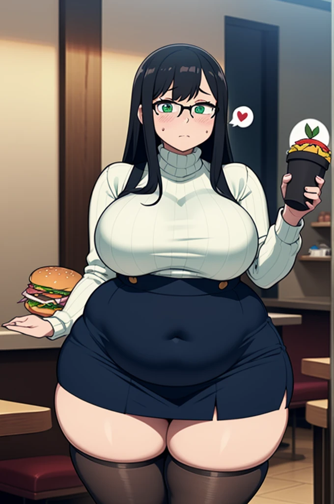 ((Masterpiece)), perfect anatomy, perfect shading, field of depth, (best quality), extremely delicate and beautiful, perfect lighting, detailed face, ultra cute face, cute, ((1girl)), ((solo))
long fluffy black hair, glasses, green eyes, ((blush)), nervous, spoken heart, looking at viewer, sweater, short skirt, large breasts, ((thick thighs)), (wide hips), ((plump)),
intricate background, detailed background, fast food restaurant,